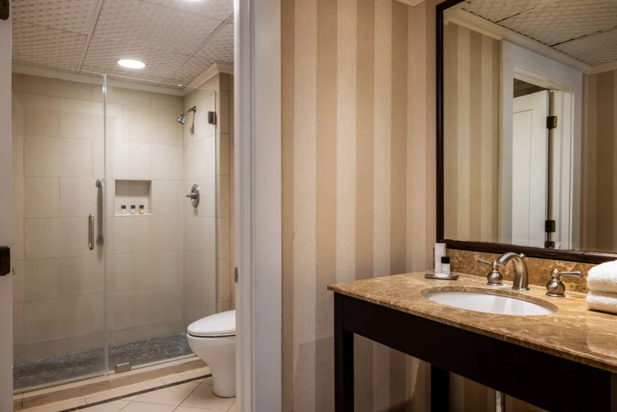 A serene, accessible bathroom with a modern vanity, wide mirror, and spacious roll-in shower. Morning light gently fills the space, highlighting the clean, uncluttered design and ADA-compliant features that ensure ease of use for all guests.